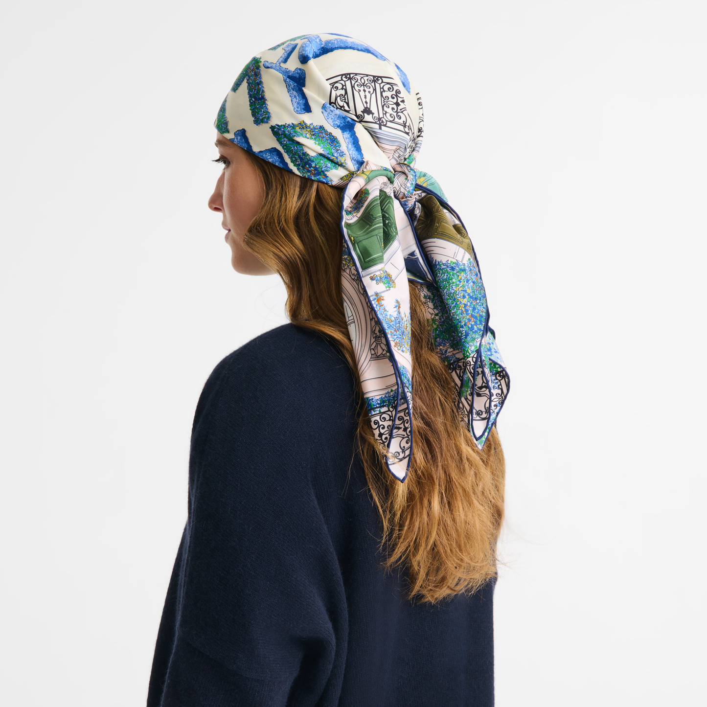 LONGCHAMP-Jardin Parisien Silk scarf 90-Navy-50641GSO006-2