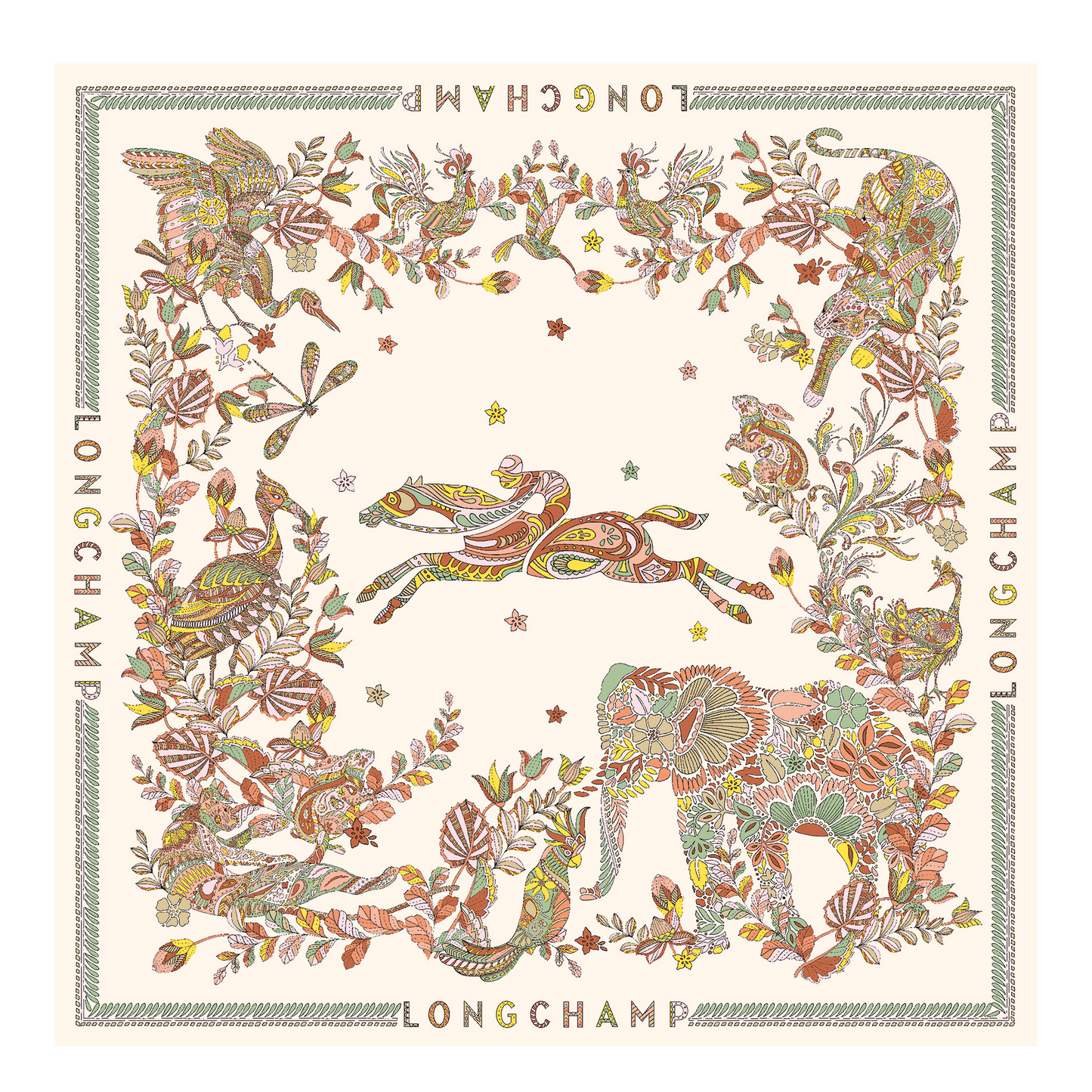 LONGCHAMP-Forêt Longchamp Silk scarf 90-Ecru-50647GSO037-1