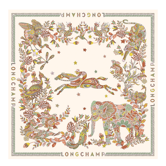 LONGCHAMP-Forêt Longchamp Silk scarf 90-Ecru-50647GSO037-1
