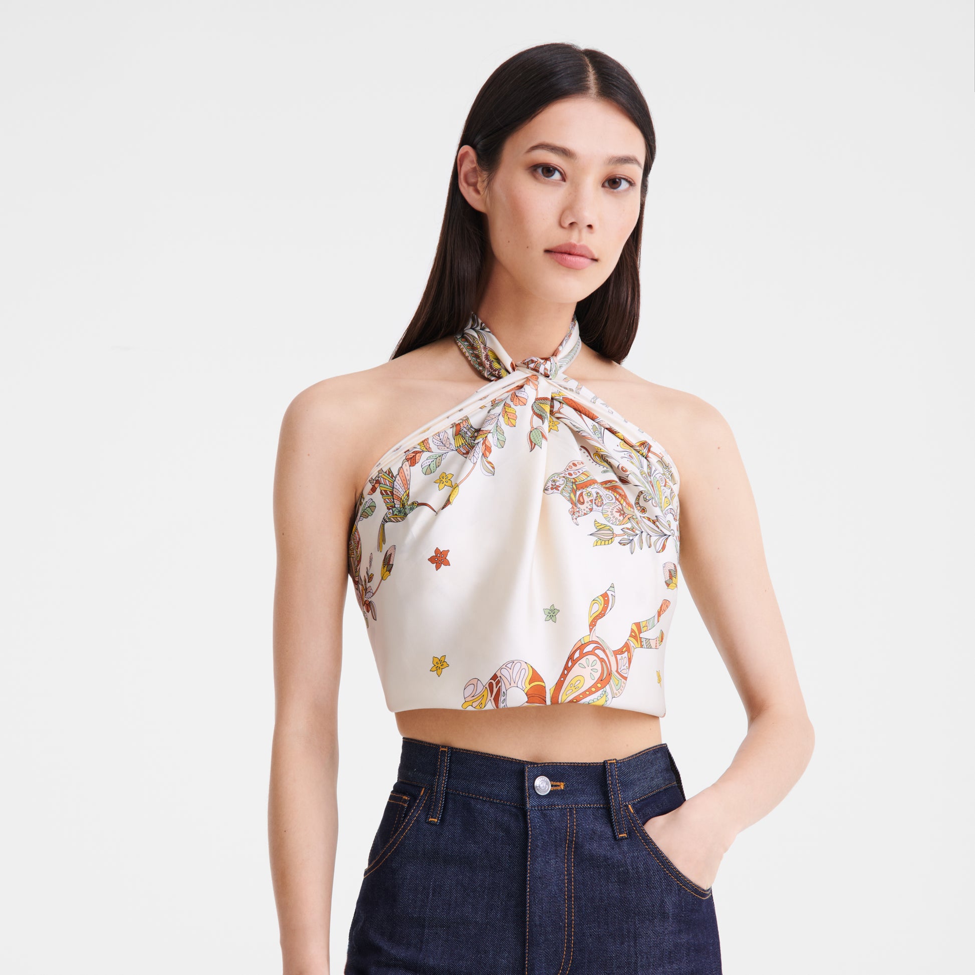 LONGCHAMP-Forêt Longchamp Silk scarf 90-Ecru-50647GSO037-2