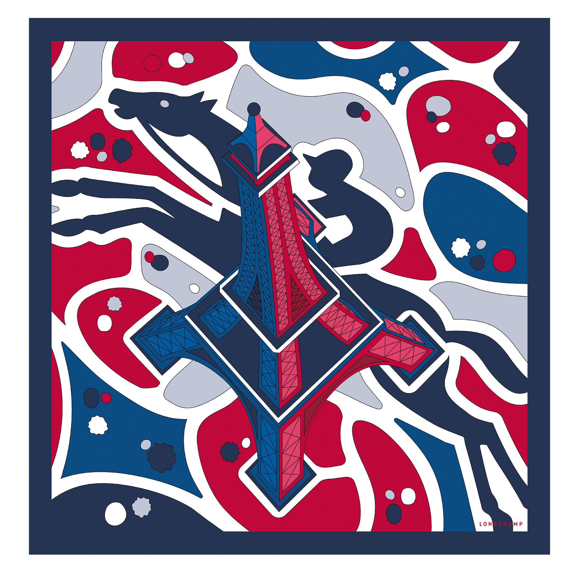 LONGCHAMP-Equestrian Tower Silk scarf 70-Red-50653GSO545-1